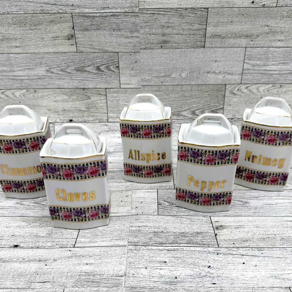 Vintage German Porcelain White Block Small Spice Jar Canisters w/Lids, Set of 5